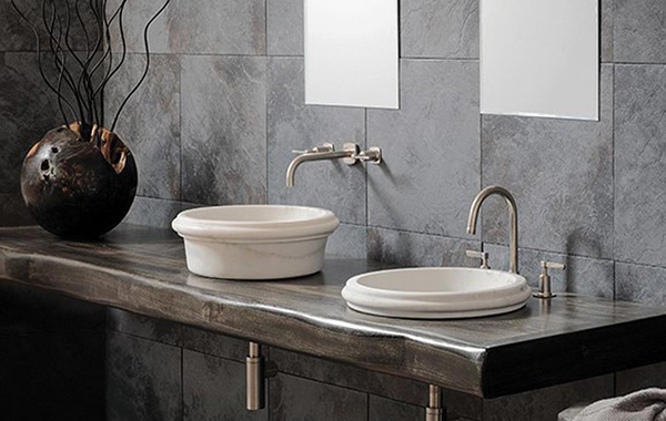 Cerne Lav sink and Marquina Taupe console top from Stone Forest