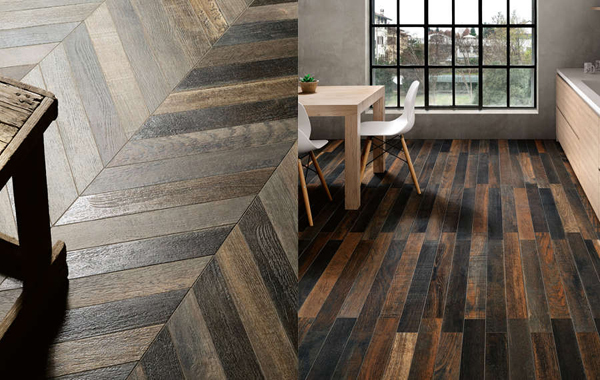 Walker Zanger's new Faux Bois collection in Chestnut (left) and Cherry (right).